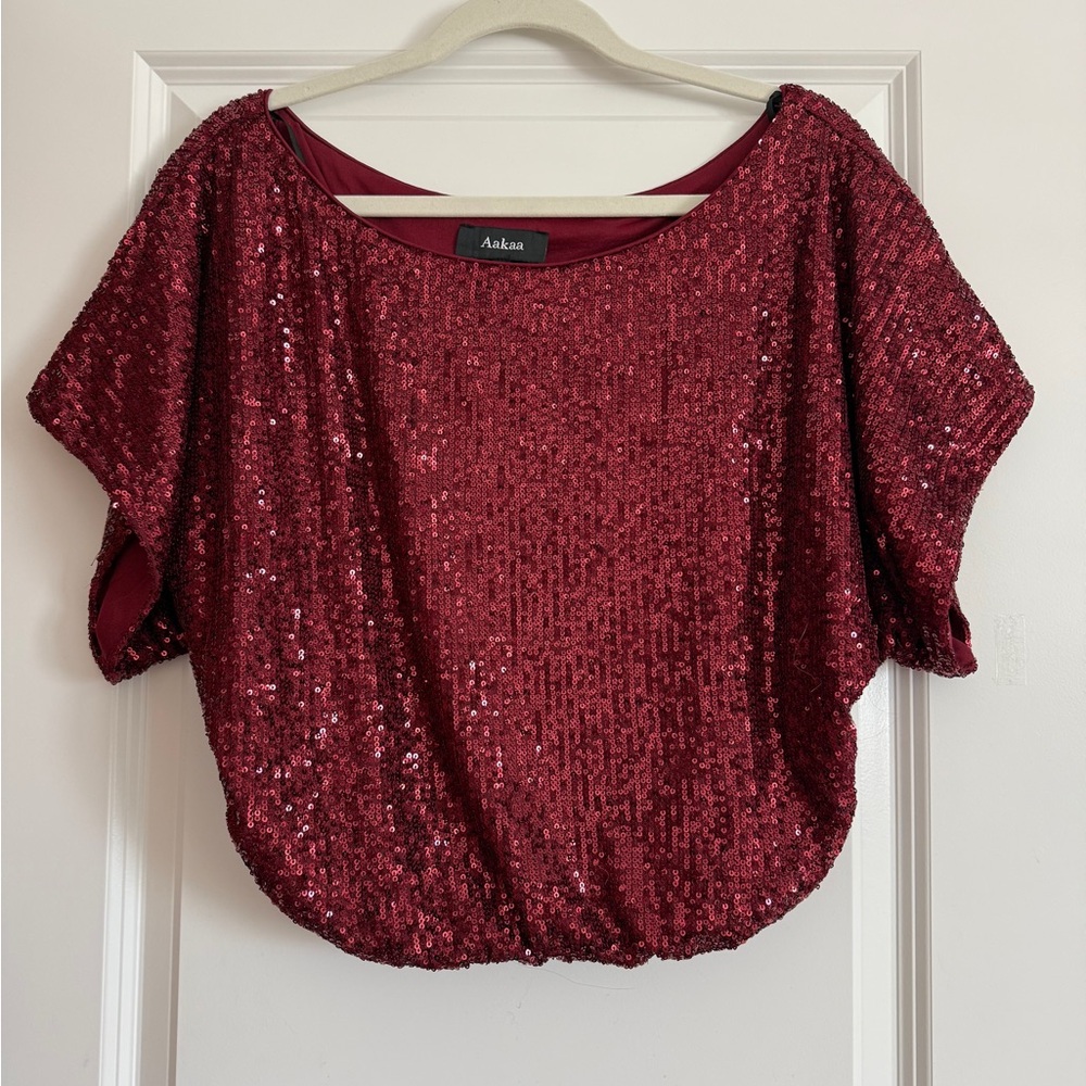 Women's Burgundy Sequin Dolman Crop Top